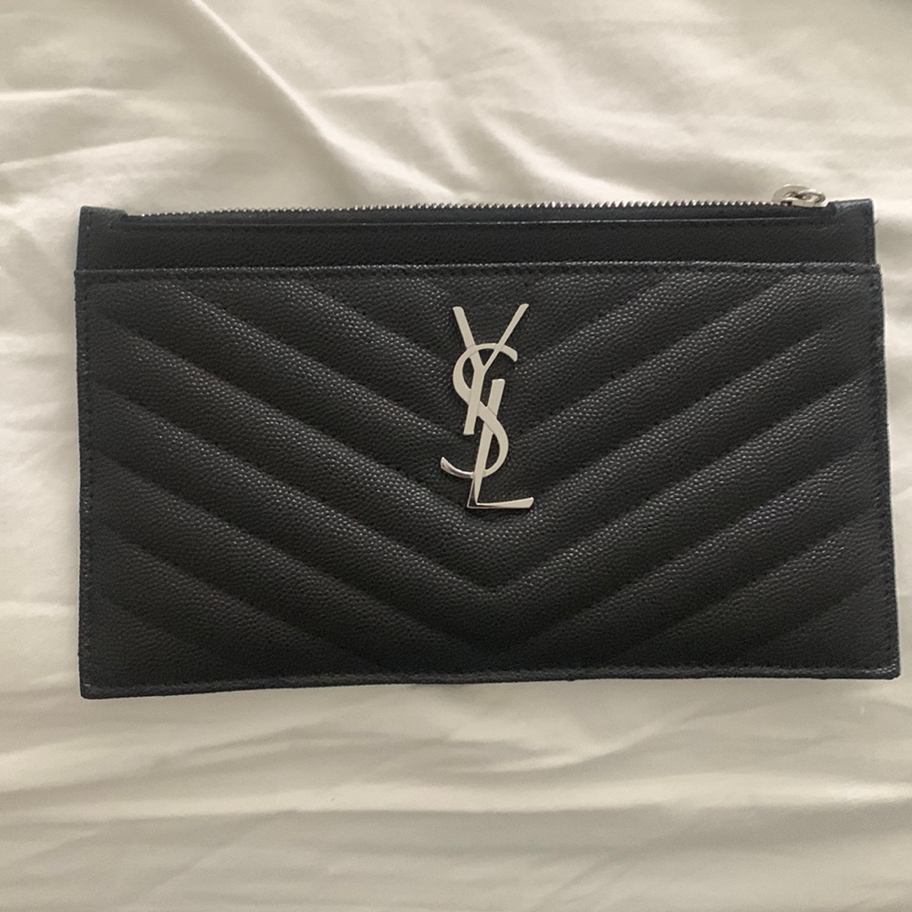 Saint Laurent Black Quilted Leather Zip Pouch with Silver YSL Logo